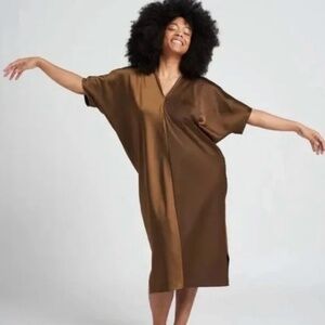 Universal Standard Sonya Satin V Neck Draped Midi Dress Caramel
